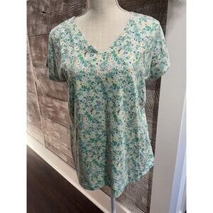 J. Jill Luxe Supima Pleat Back Tee Womens Small Tall Green Blue Floral Cap Slv